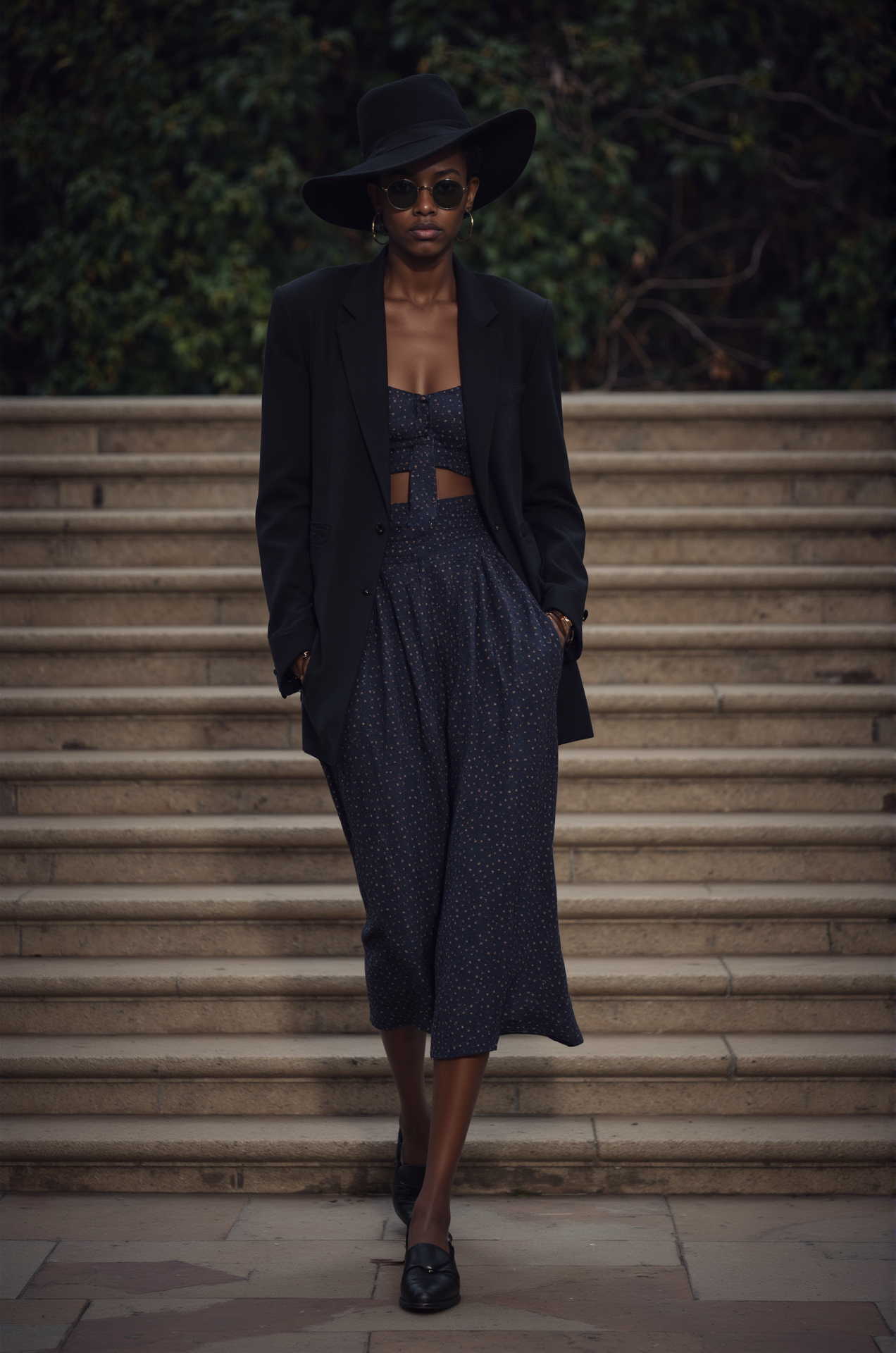 Black Wide Brim Hat Oversized Blazer Patterned Skirt Crop Top Stylish Layering