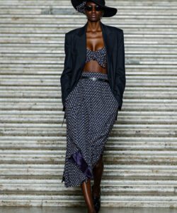 Black Wide Brim Hat Patterned Skirt Crop Top Blazer Stylish Layering