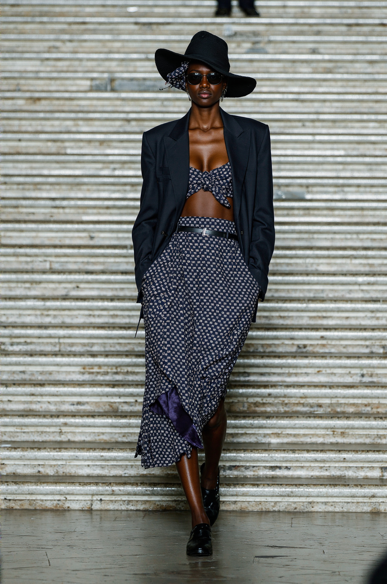 Black Wide Brim Hat Patterned Skirt Crop Top Blazer Stylish Layering