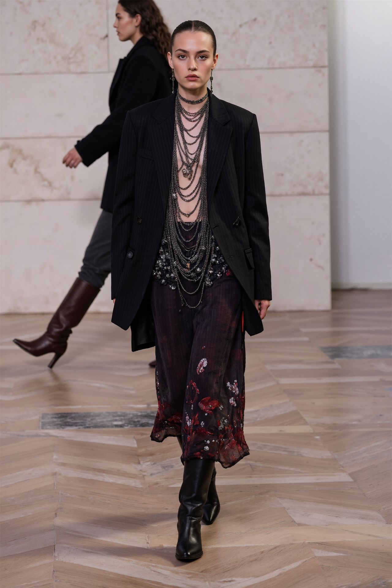 Blazer Floral Skirt Layered Necklaces Edgy Chic Dark Academia Unique Style