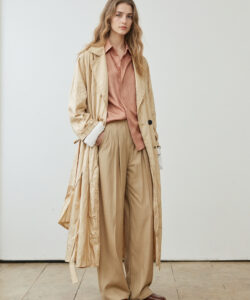 Blonde In Tan Trench Coat Wide Leg Pants