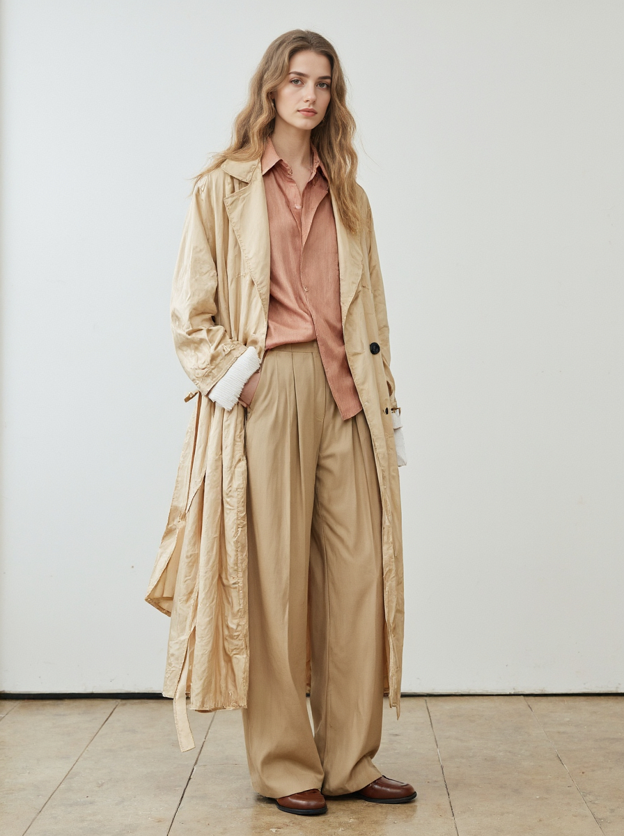 Blonde In Tan Trench Coat Wide Leg Pants