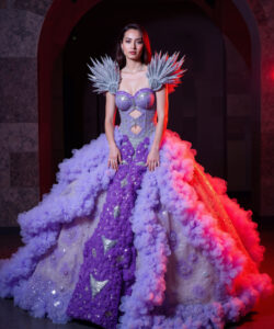 Blue Firefly Gown Glowing Light Up Dress With Textured Shoulders Sheer Layers