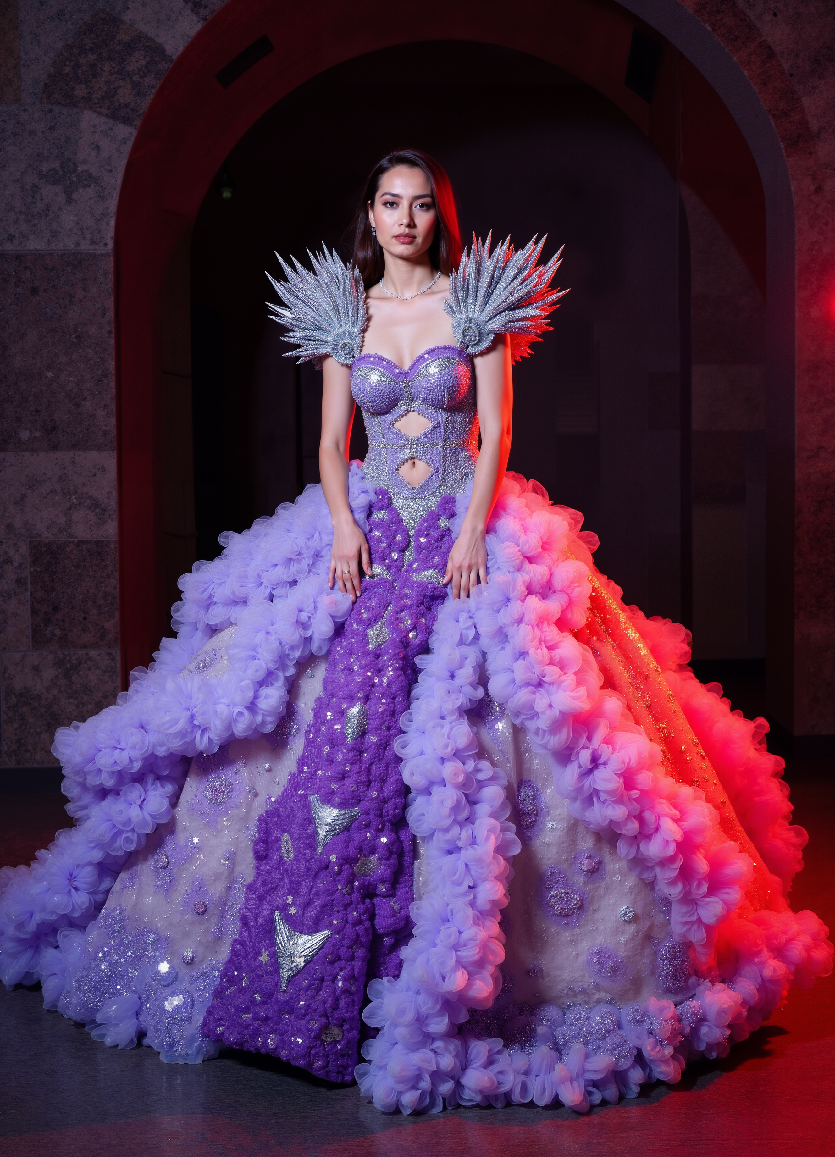 Blue Firefly Gown Glowing Light Up Dress With Textured Shoulders Sheer Layers