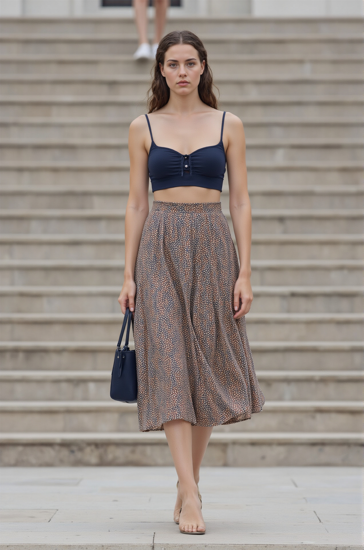Blue Crop Top Patterned Midi Skirt Summer Style Resort Wear Feminine