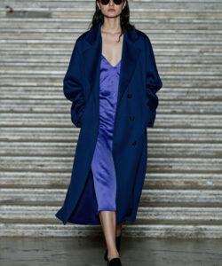 Blue Oversized Coat Purple Slip Dress Elegant Layering Fall Fashion