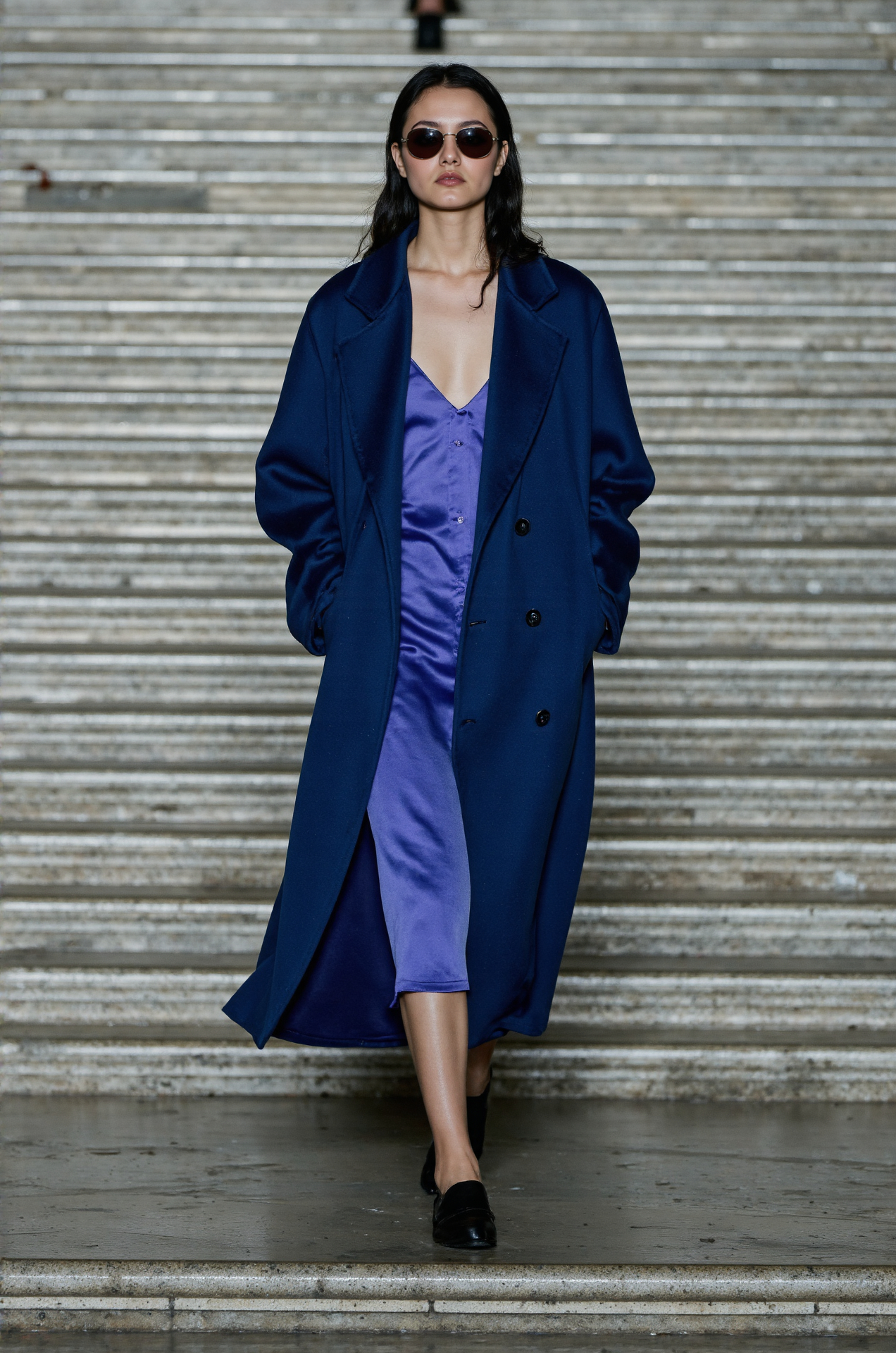 Blue Oversized Coat Purple Slip Dress Elegant Layering Fall Fashion