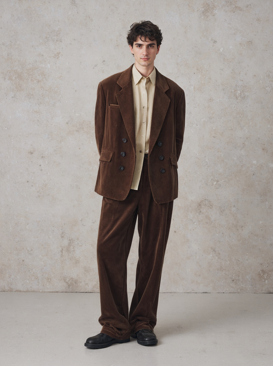 Brown Suede Suit Curly Haired Man Against Textured Wall
