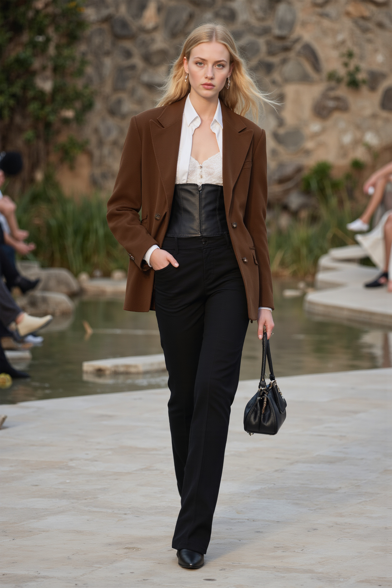 Brown Blazer Corset Top Black Pants Edgy Fashion Runway Modern Style Street Chic
