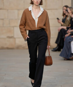 Brown Cardigan Ruffled Shirt Black Pants Casual Chic Comfortable Versatile Runway