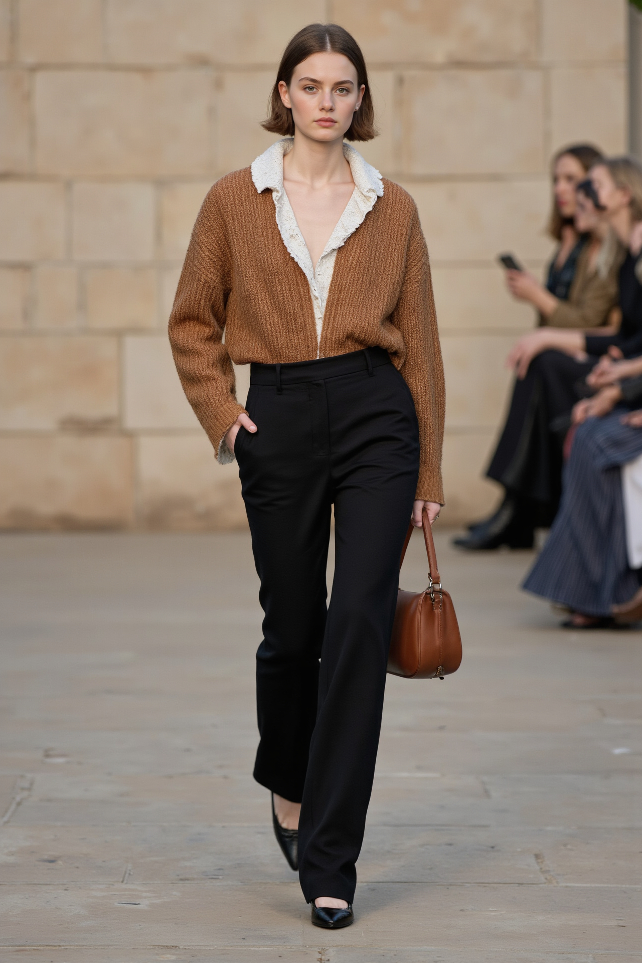 Brown Cardigan Ruffled Shirt Black Pants Casual Chic Comfortable Versatile Runway
