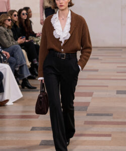 Brown Cardigan Ruffled Shirt Black Pants Fall Style Cozy Chic Runway Elegant