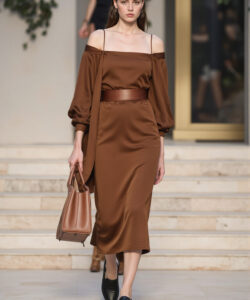Brown Dress Off Shoulder Midi Elegant Summer Fashion Chic Runway