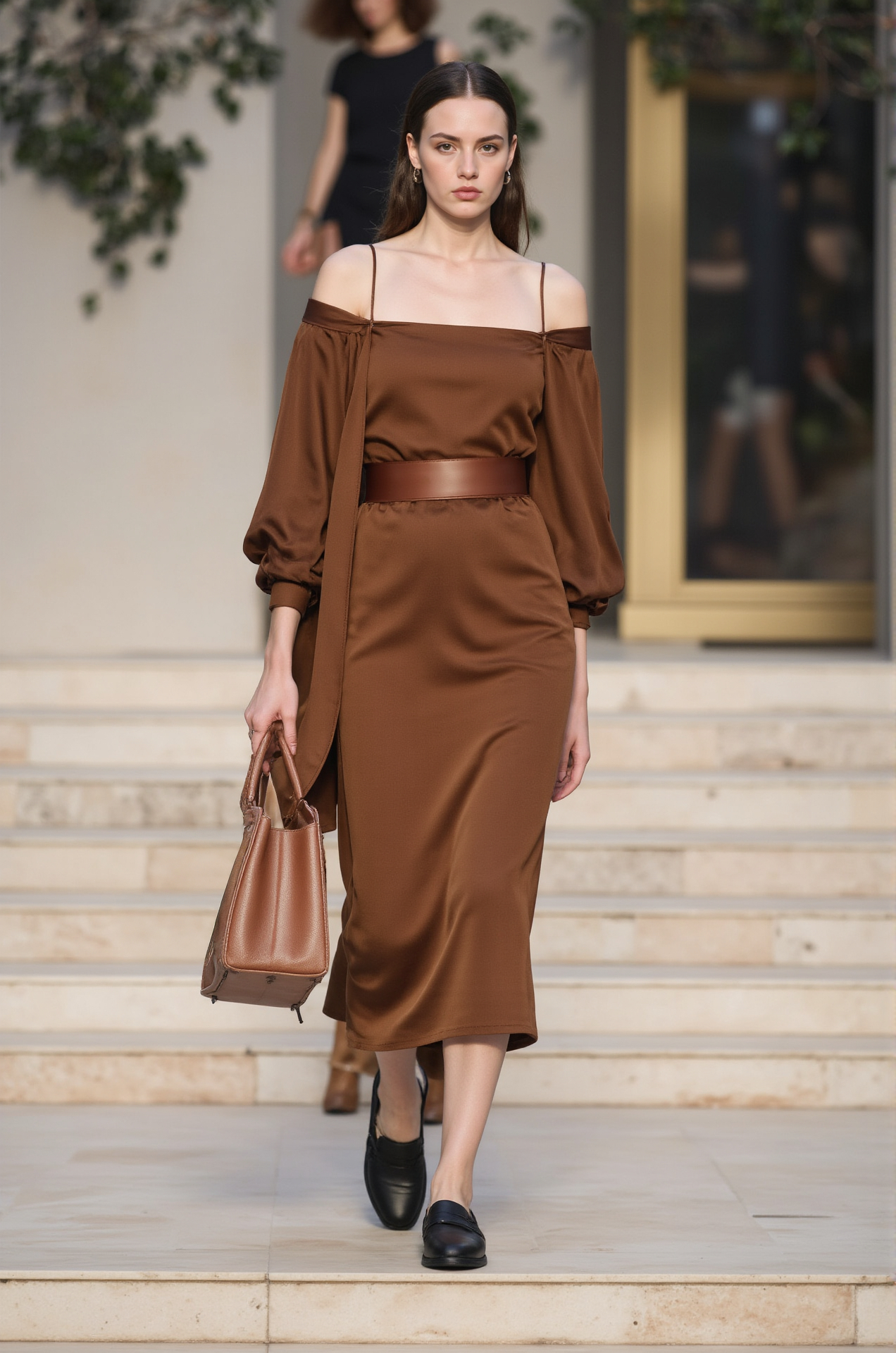 Brown Dress Off Shoulder Midi Elegant Summer Fashion Chic Runway