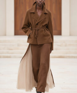 Brown Jacket Pleated Skirt Layered Fashion Runway Elegant Unique Style Neutral Tones