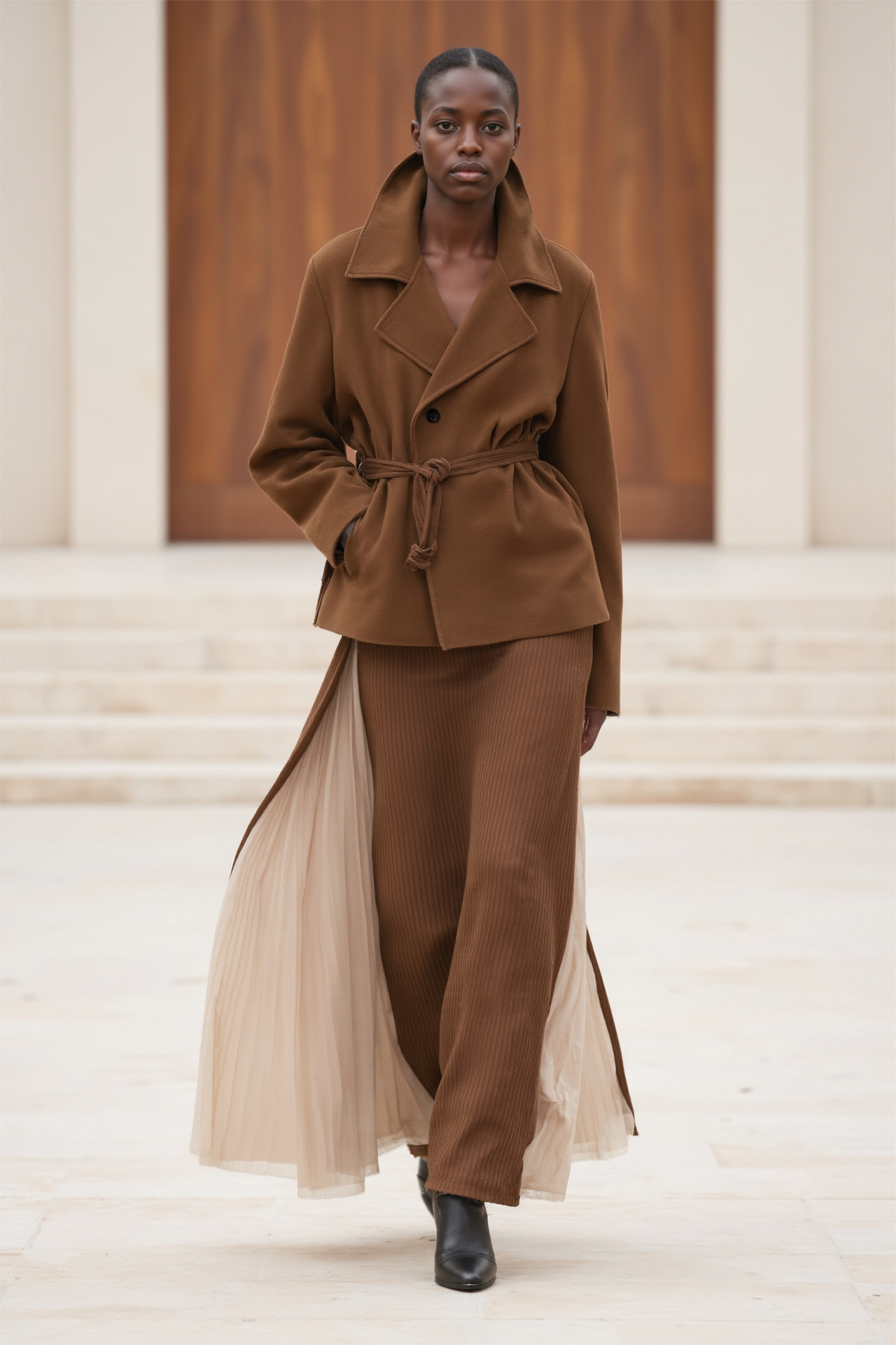 Brown Jacket Pleated Skirt Layered Fashion Runway Elegant Unique Style Neutral Tones