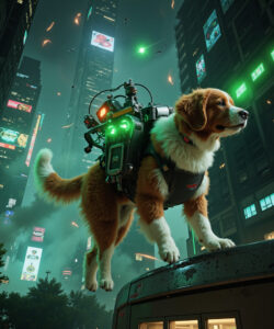 CGI A Muscular Anthropomorphic St Bernard Dog Wearing A Futuristic Backpack Stands On A Rooftop Amidst A Neon Lit Cyberpunk City