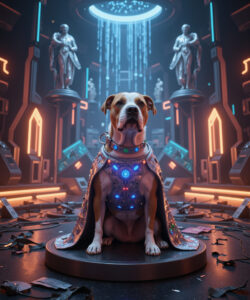 CGI Art Realistic Style Dog Sitting On A Pedestal Cyberpunk Aesthetic Glowing Lights Statues In The Background Vibrant Colors