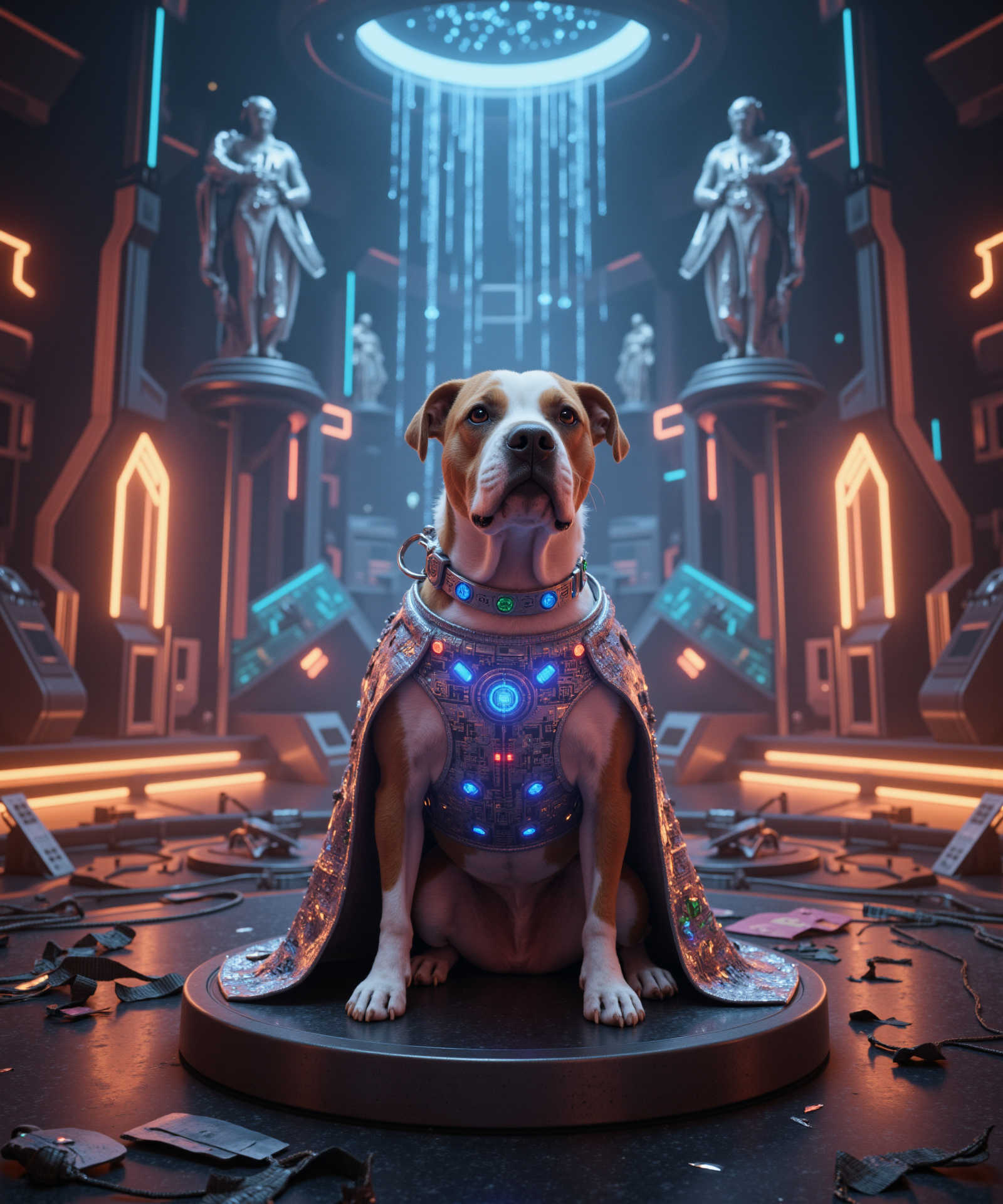 CGI Art Realistic Style Dog Sitting On A Pedestal Cyberpunk Aesthetic Glowing Lights Statues In The Background Vibrant Colors