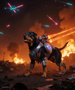 CGI Artwork Featuring A Robotic Rottweiler In A Post Apocalyptic Wasteland With Explosions Neon Lights And Debris Created By 3D Artist