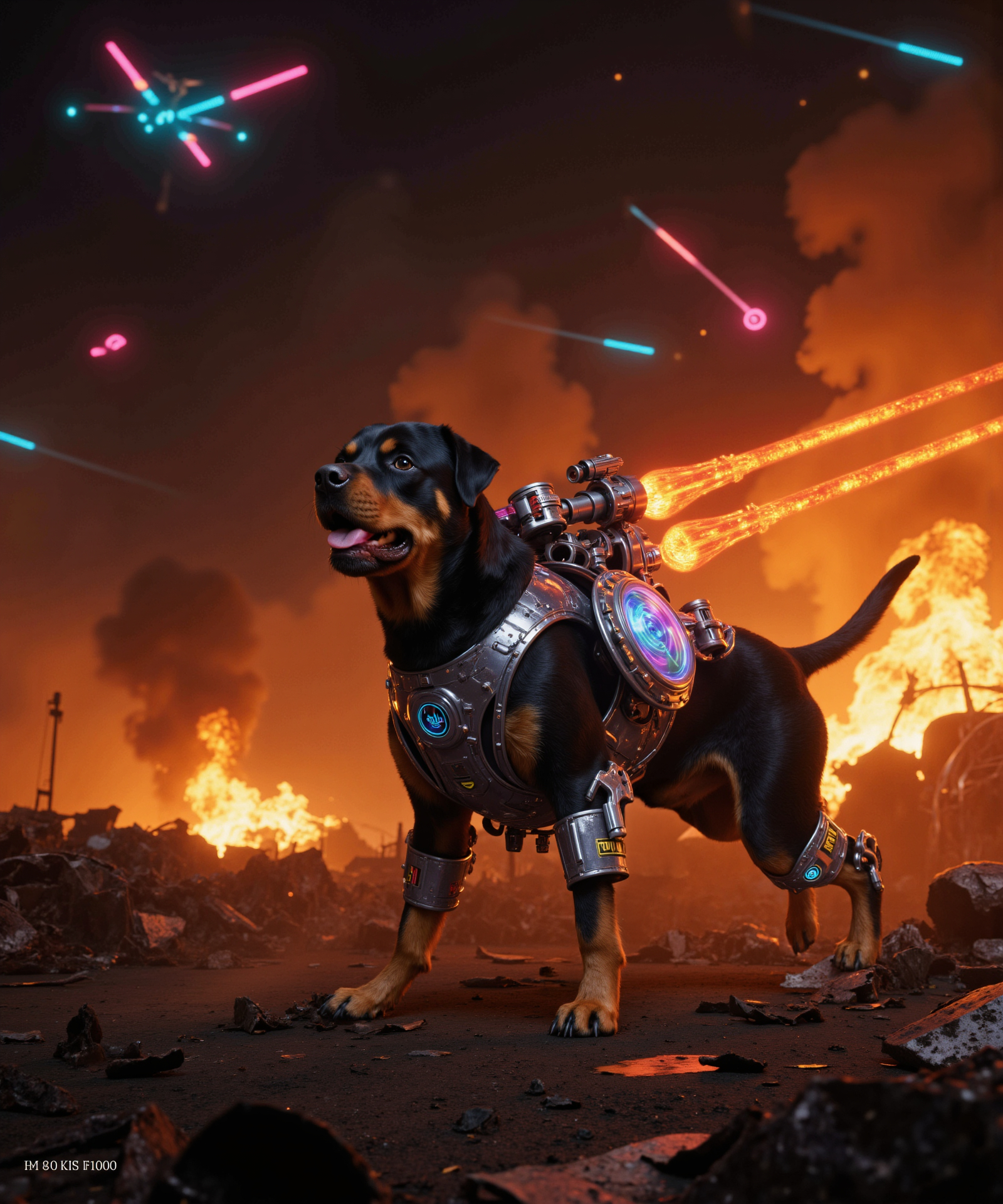 CGI Artwork Featuring A Robotic Rottweiler In A Post Apocalyptic Wasteland With Explosions Neon Lights And Debris Created By 3D Artist