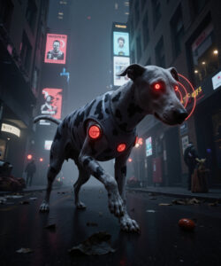 CGI Cyberpunk Sci Fi Anthro Canine Neon Glowing Eyes Street Urban Night Futuristic Cybernetic Red Lights Detailed Realistic 3D