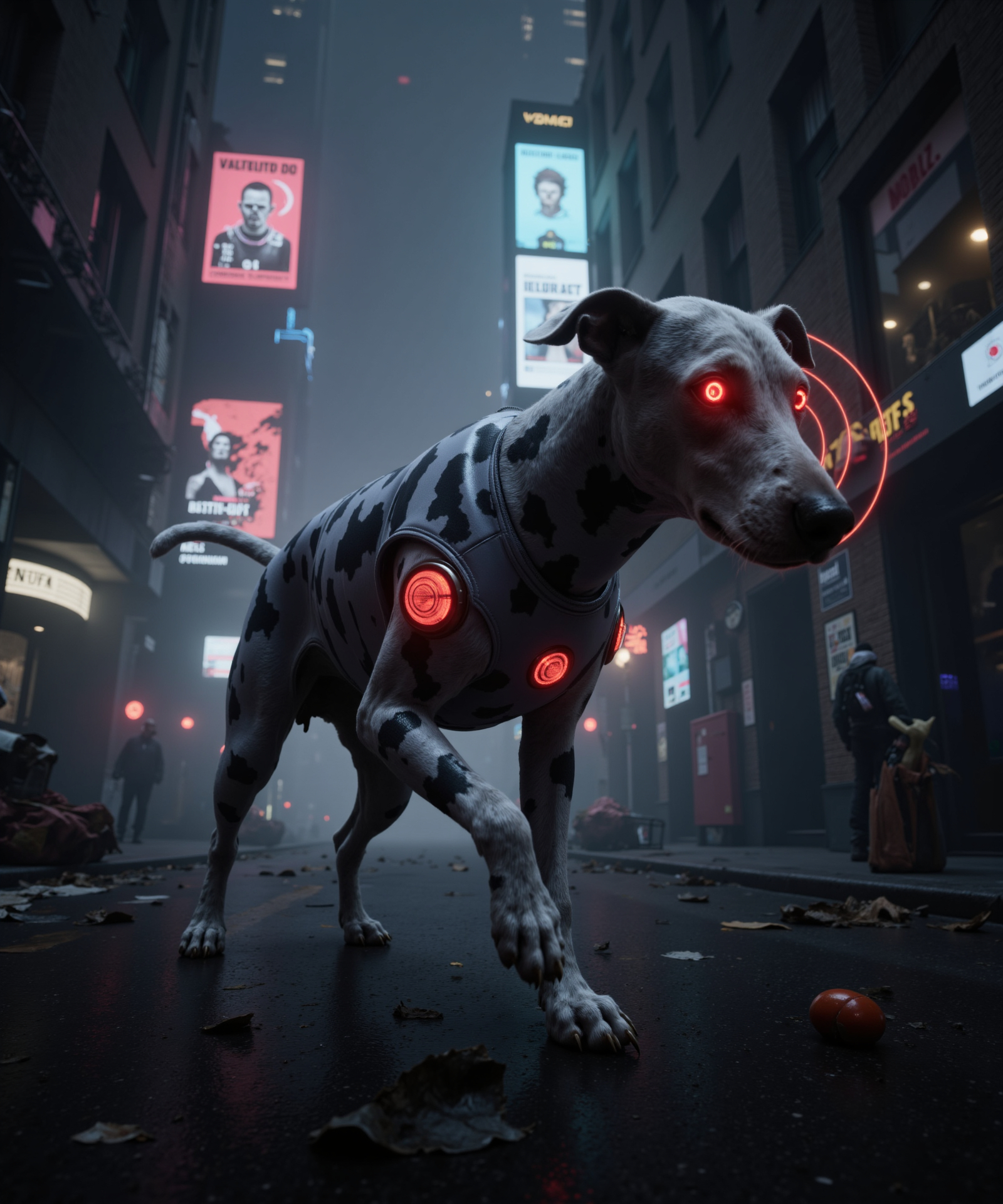CGI Cyberpunk Sci Fi Anthro Canine Neon Glowing Eyes Street Urban Night Futuristic Cybernetic Red Lights Detailed Realistic 3D