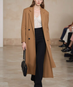 Camel Coat Lace Cami Black Pants Long Coat Runway Elegant Sophisticated Timeless