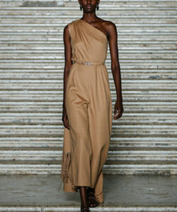 Camel Jumpsuit One Shoulder Fringe Fashion Elegant Sophisticated Womens Style Neutral Tones