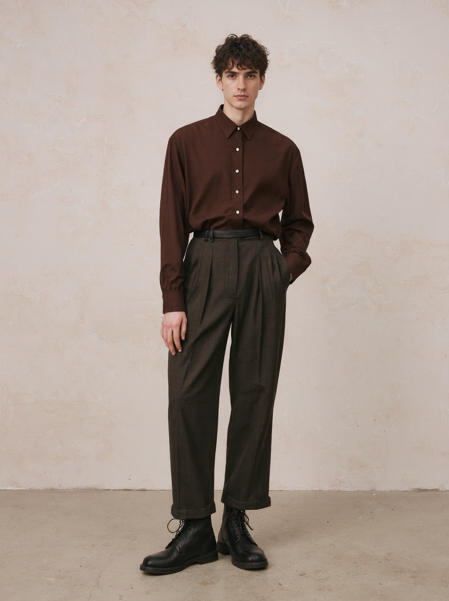 Casual Brown Tones Young Man In Shirt Trousers Boots