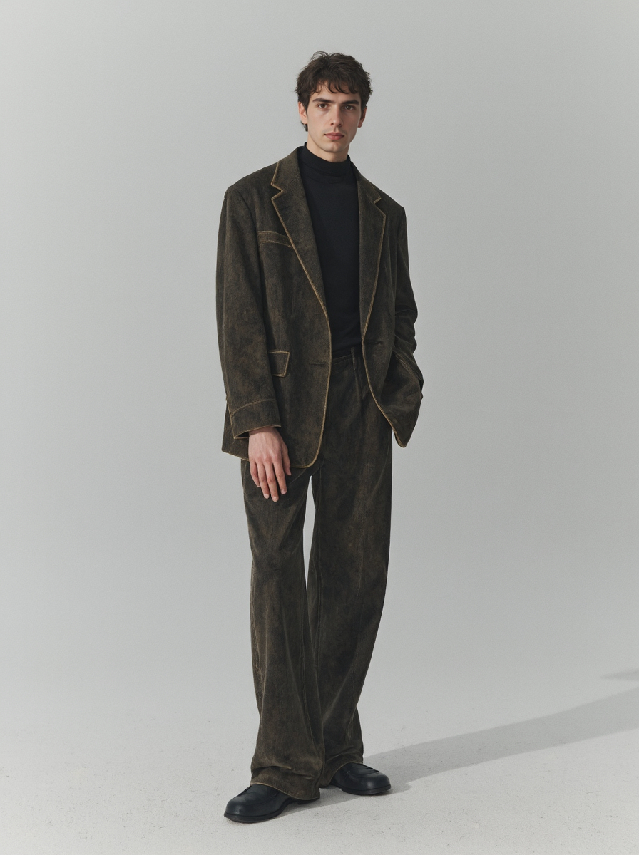 Caucasian Man In A Dark Brown Suede Suit With Gold Trim Black Turtleneck And