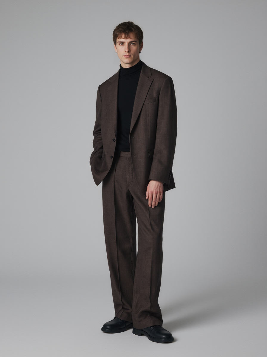 Caucasian Man With Short Brown Hair Wearing A Dark Brown Suit Black Turtleneck And