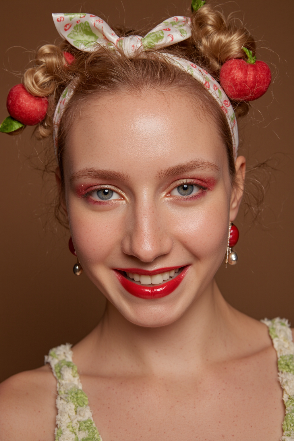 Caucasian Woman With Blue Eyes Blonde Hair In Buns Strawberry Headband Red Lips Green