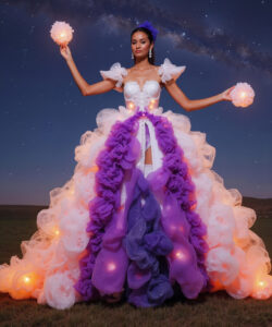 Celestial Blue Gown Luminous Dress With Wing Inspired Shoulders In A Glowing Forest