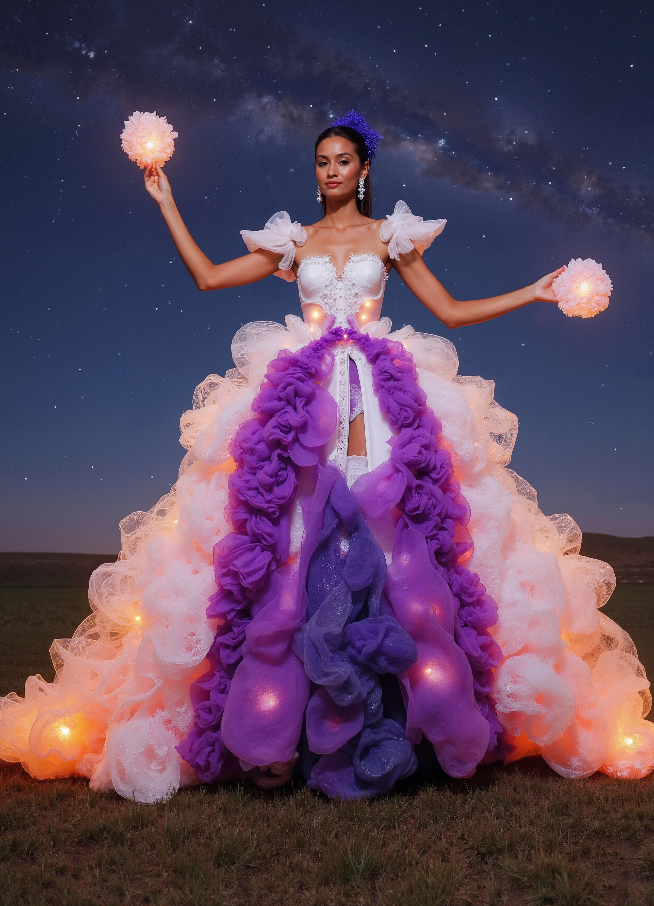Celestial Blue Gown Luminous Dress With Wing Inspired Shoulders In A Glowing Forest