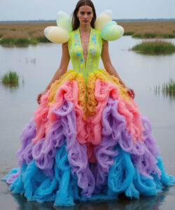 Celestial Dream Gown White Dress With Glowing Multicolor Winged Shoulders