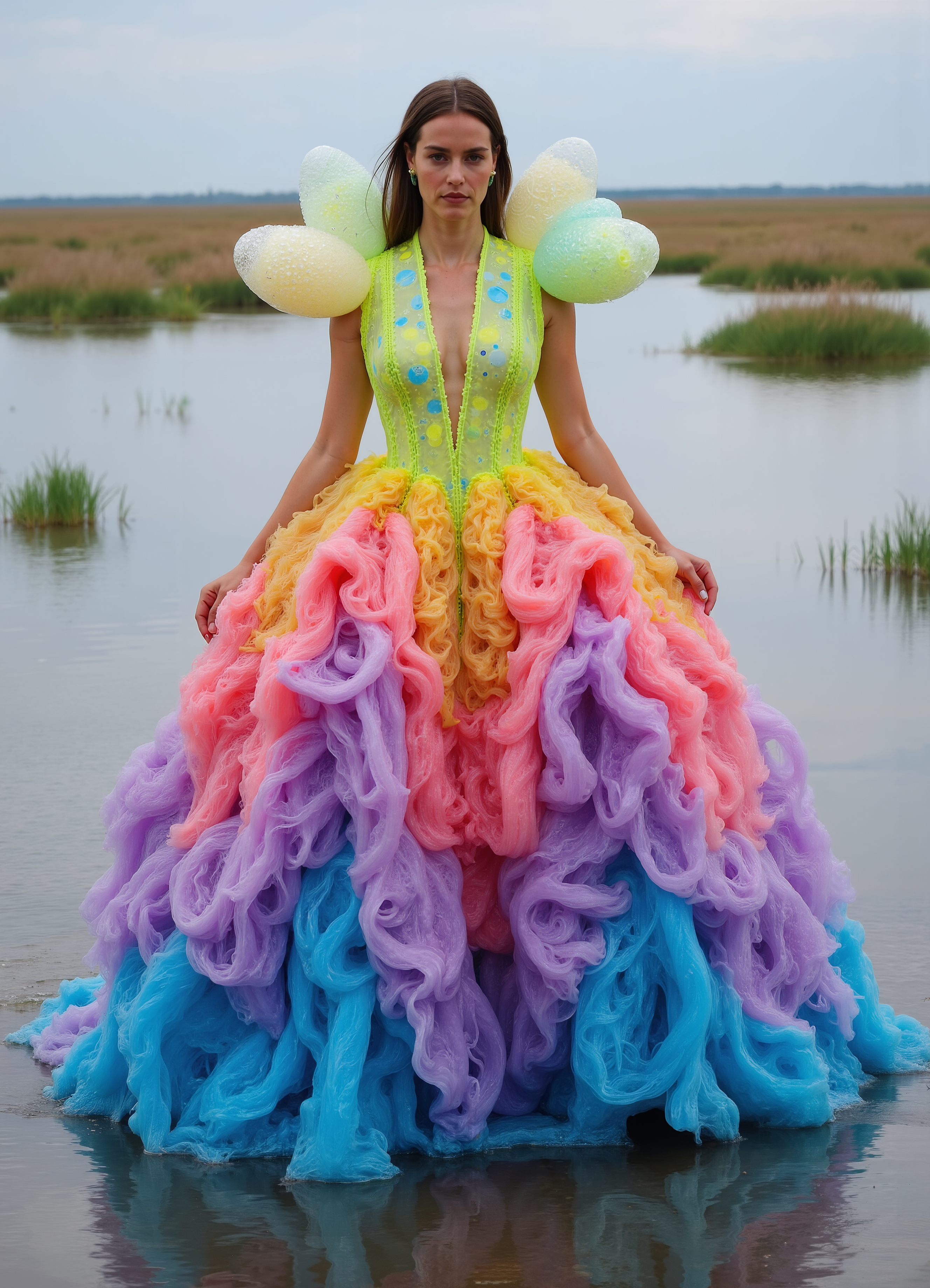Celestial Dream Gown White Dress With Glowing Multicolor Winged Shoulders