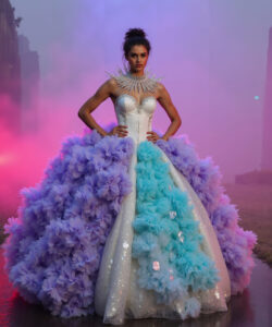 Celestial Lumina Gown White Dress With Glowing Multicolor Winged Shoulders