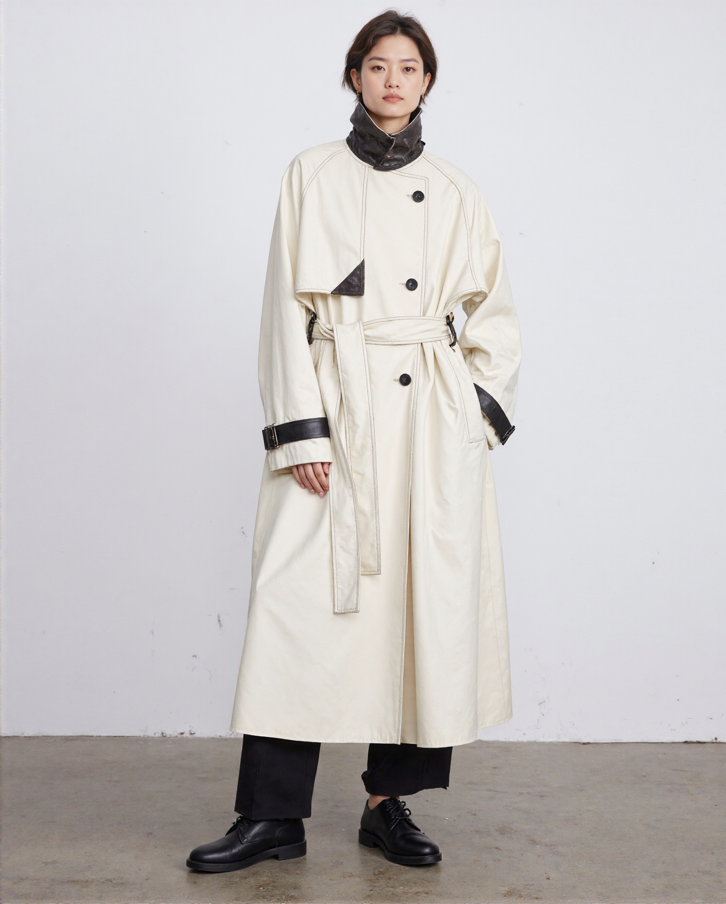 Chic Asian Style Cream Trench Coat With Black Accents