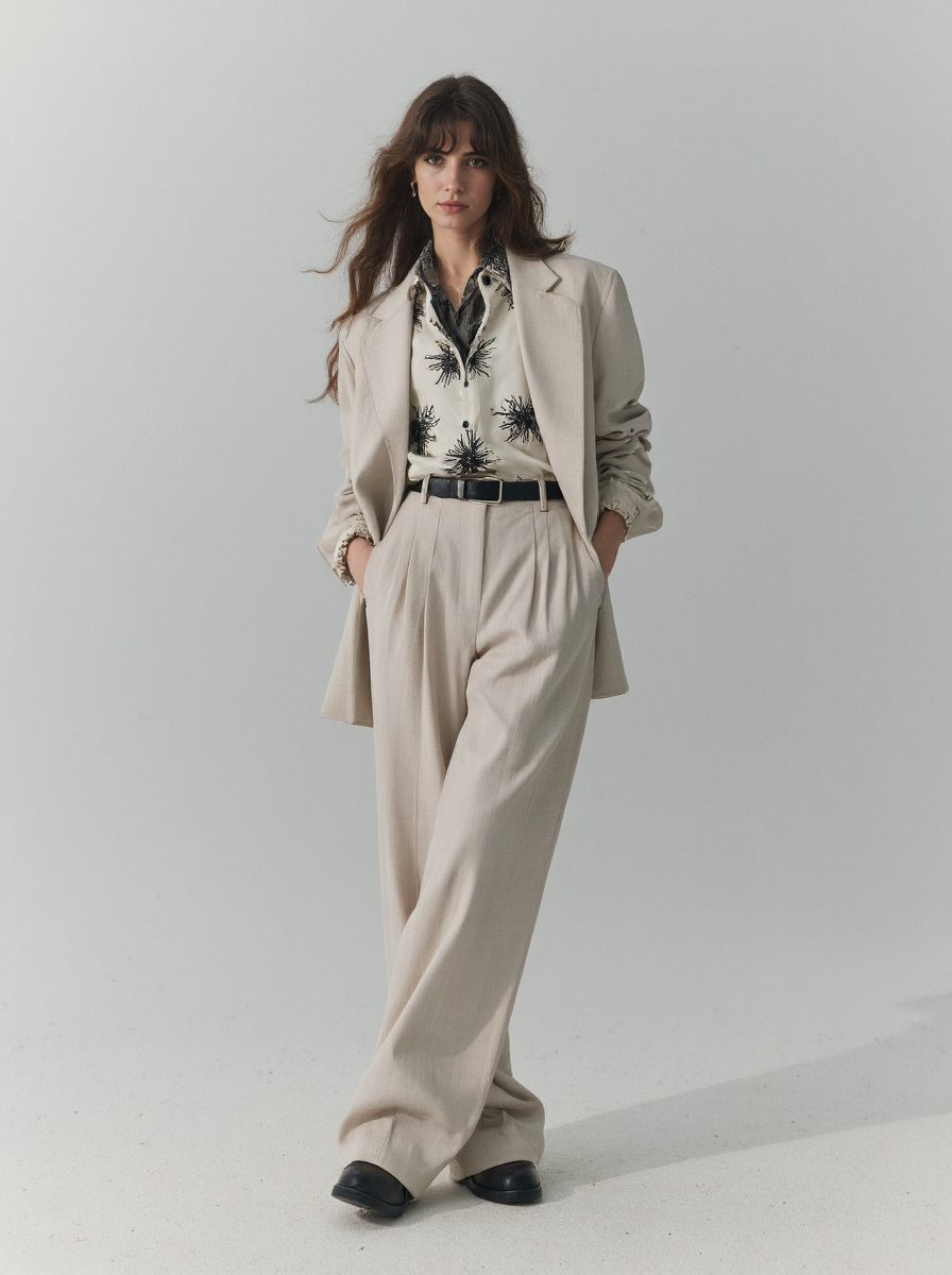 Chic Beige Suit Brunette Woman With Floral Blouse