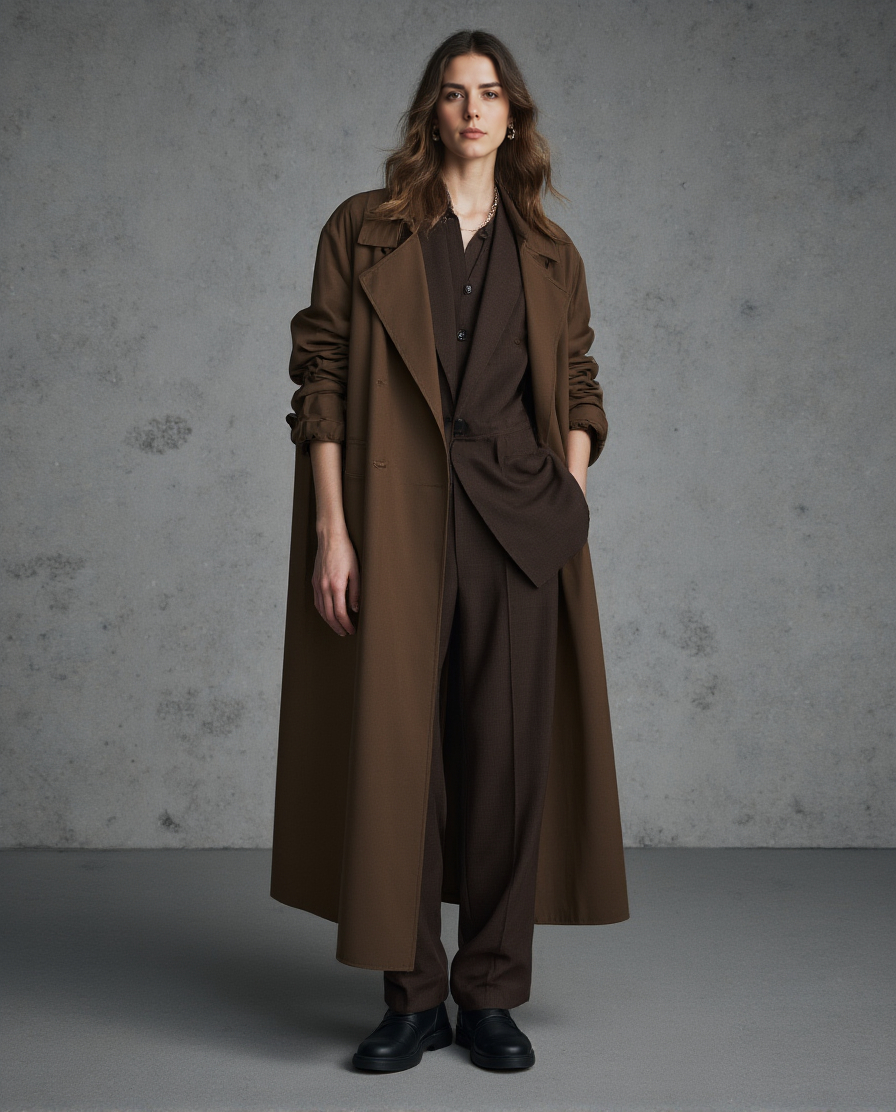Chic Brown Trench Coat Long Haired Womans Style