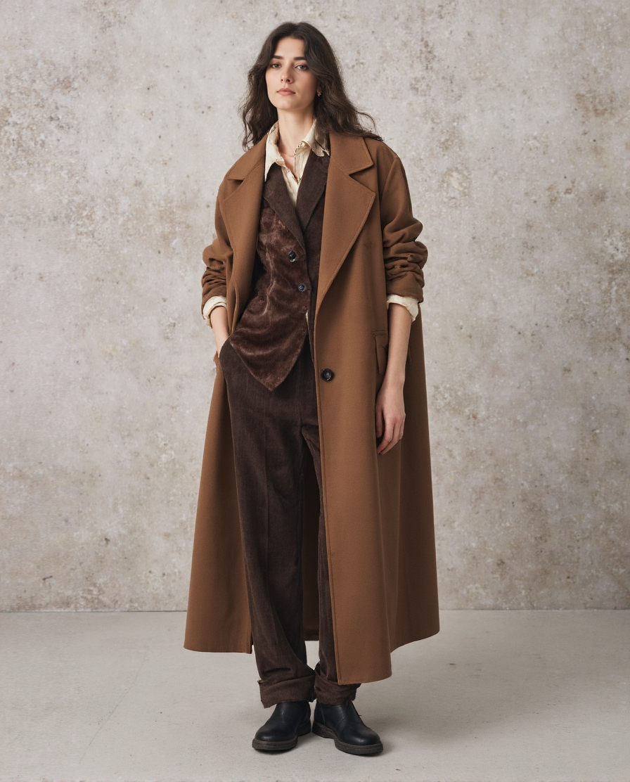 Chic Trench Coat Look Wavy Hair Matching Vest Pants