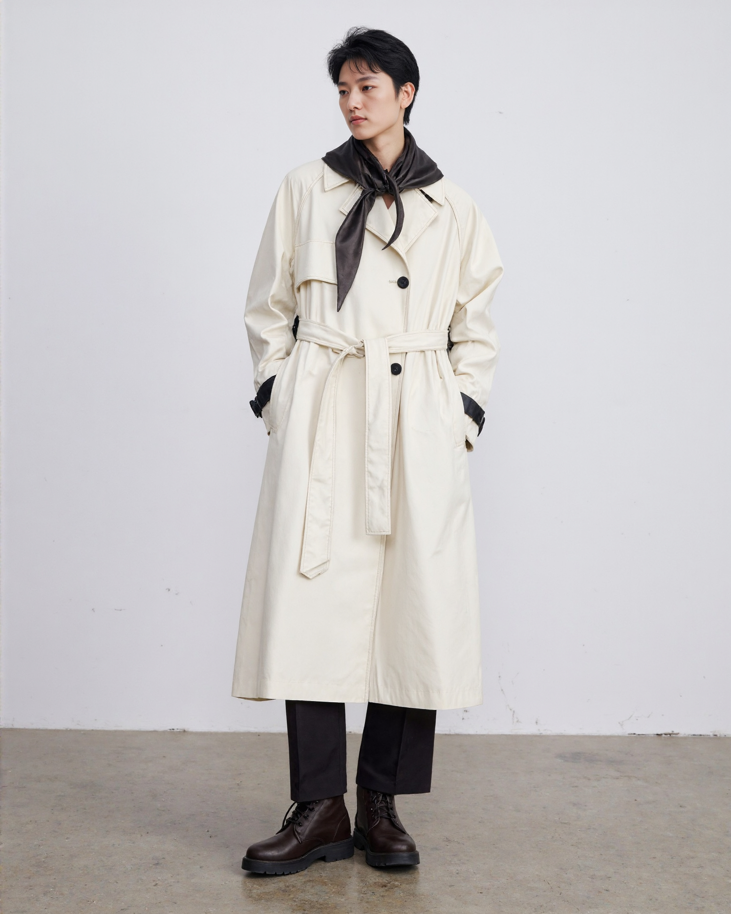 Classic Trench Coat Man In Beige Coat Black Scarf Boots