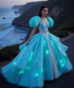 Coastal Light Gown Glowing Aqua Dress With Sculpted Shoulders By The Ocean