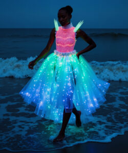 Coastal Rave Outfit Pink Blue Light Up Skirt With Spiked Shoulders By The Ocean
