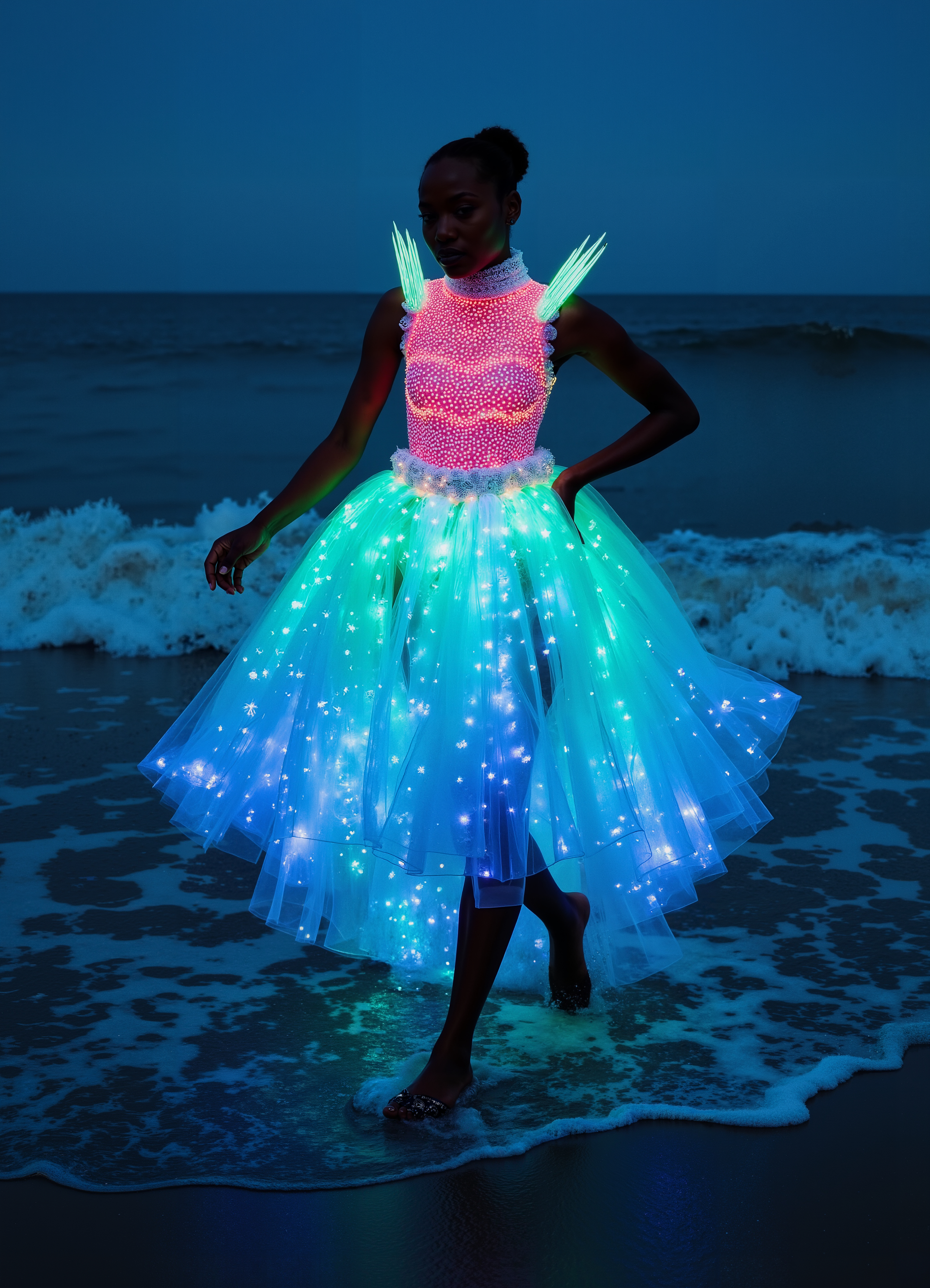 Coastal Rave Outfit Pink Blue Light Up Skirt With Spiked Shoulders By The Ocean