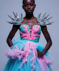 Coral Reef Couture Pink Teal Beaded Top With Spiked Silver Shoulders Unique Look