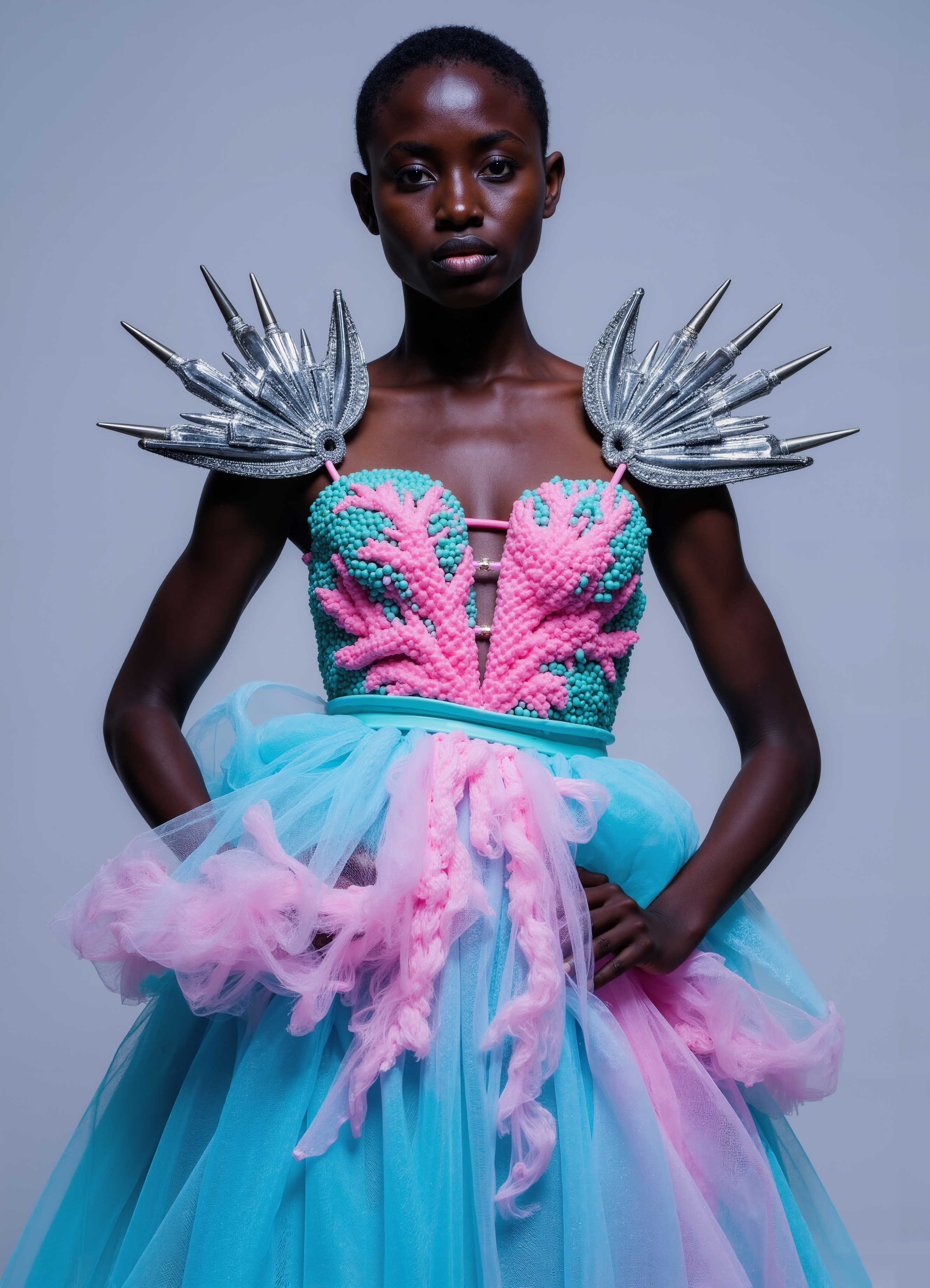 Coral Reef Couture Pink Teal Beaded Top With Spiked Silver Shoulders Unique Look