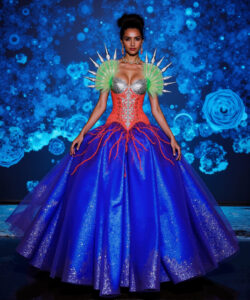 Coral Reef Fantasy Gown Vibrant Orange Blue With Spiked Shoulders Bioluminescent Veins