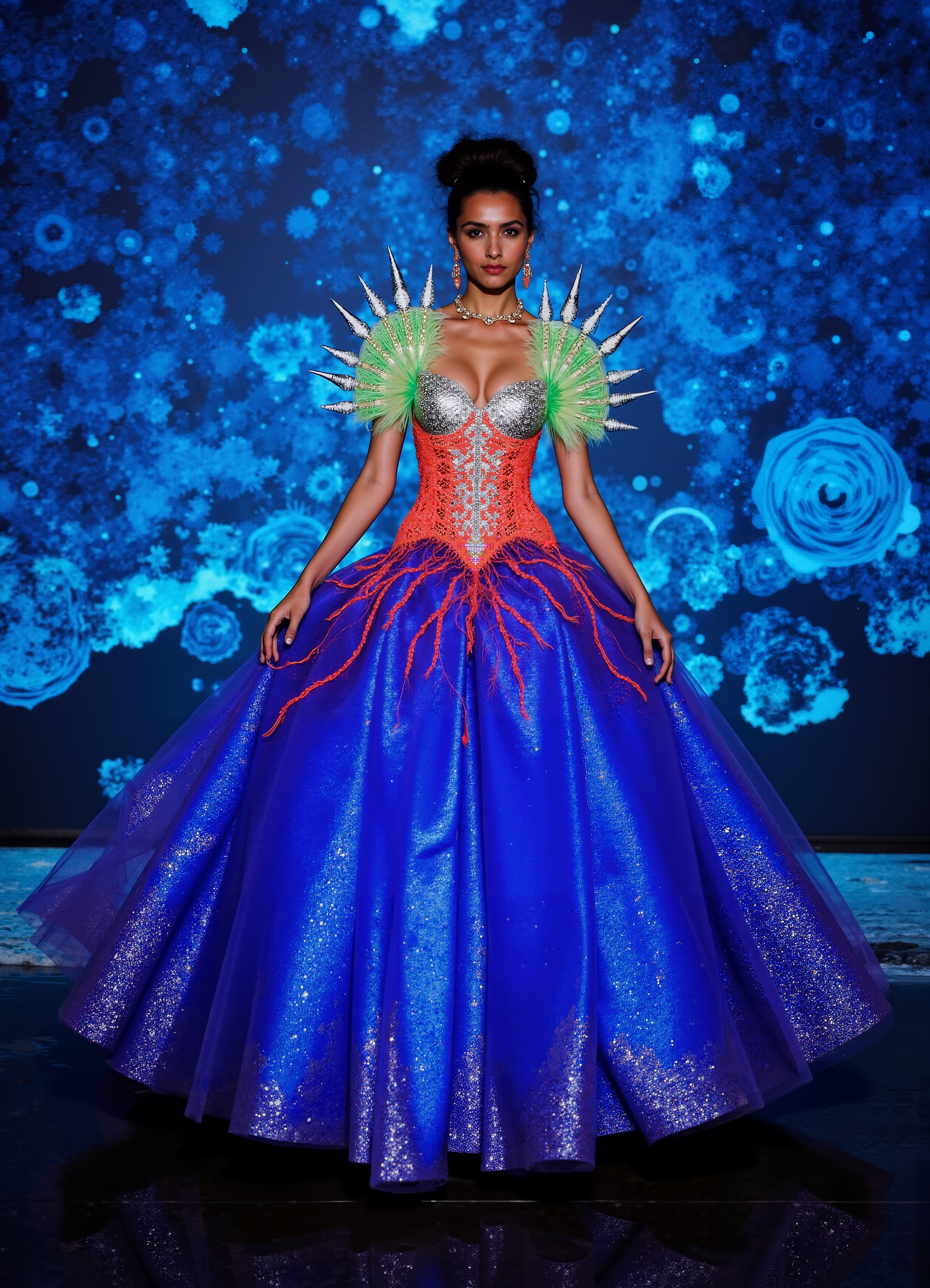 Coral Reef Fantasy Gown Vibrant Orange Blue With Spiked Shoulders Bioluminescent Veins